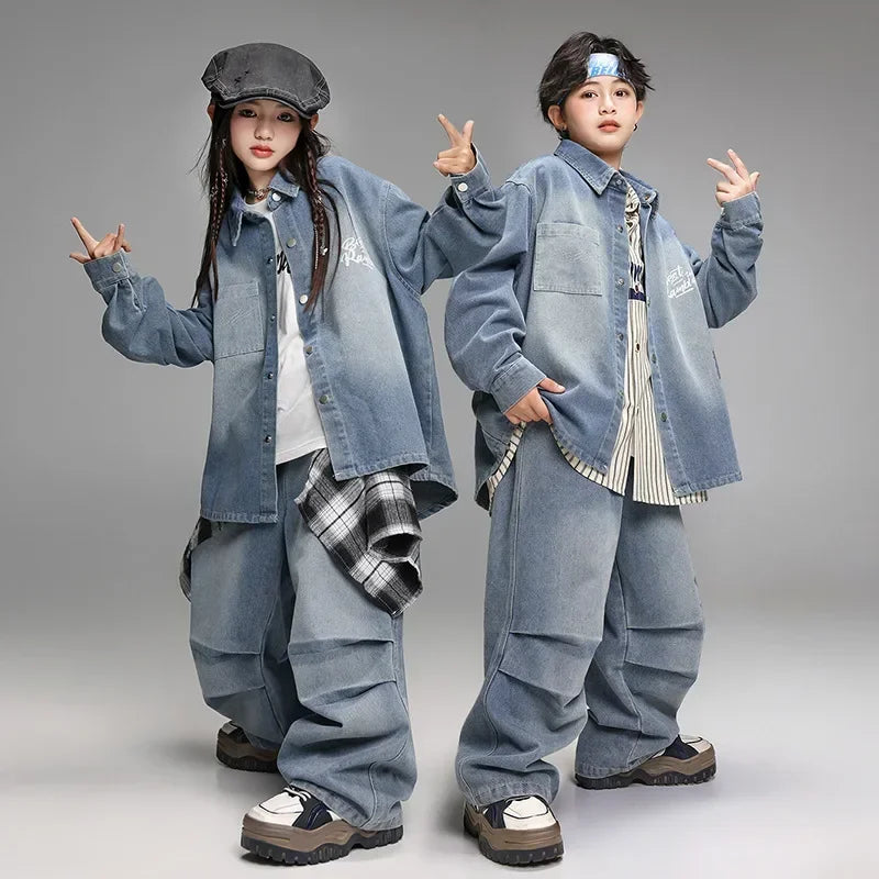 Crianças menino menina solta casual streetwear moda hip hop crianças denim camisa calça jeans define ternos agasalho roupas de palco traje