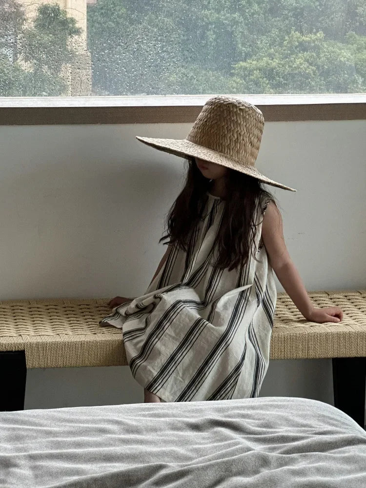 Crianças roupas meninas vestido sem mangas nova moda verão 2025 estilo coreano listra vertical francês retro vestido de férias
