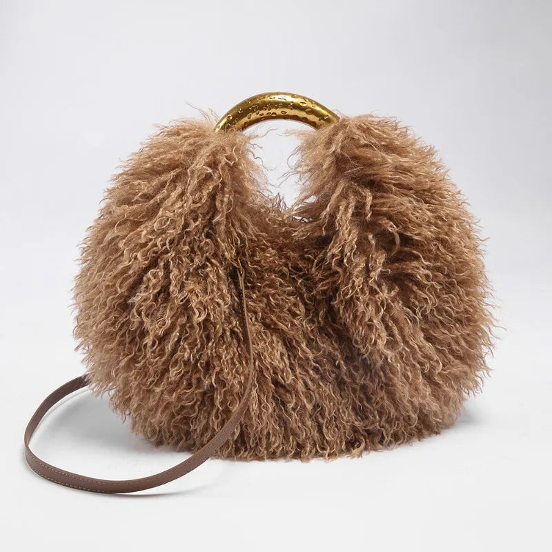 Moda feminina longa pele lã saco praia falso lã pele bolsa de ombro senhoras peles falsas bolsa luxo mongol ovelhas sacos de pelúcia