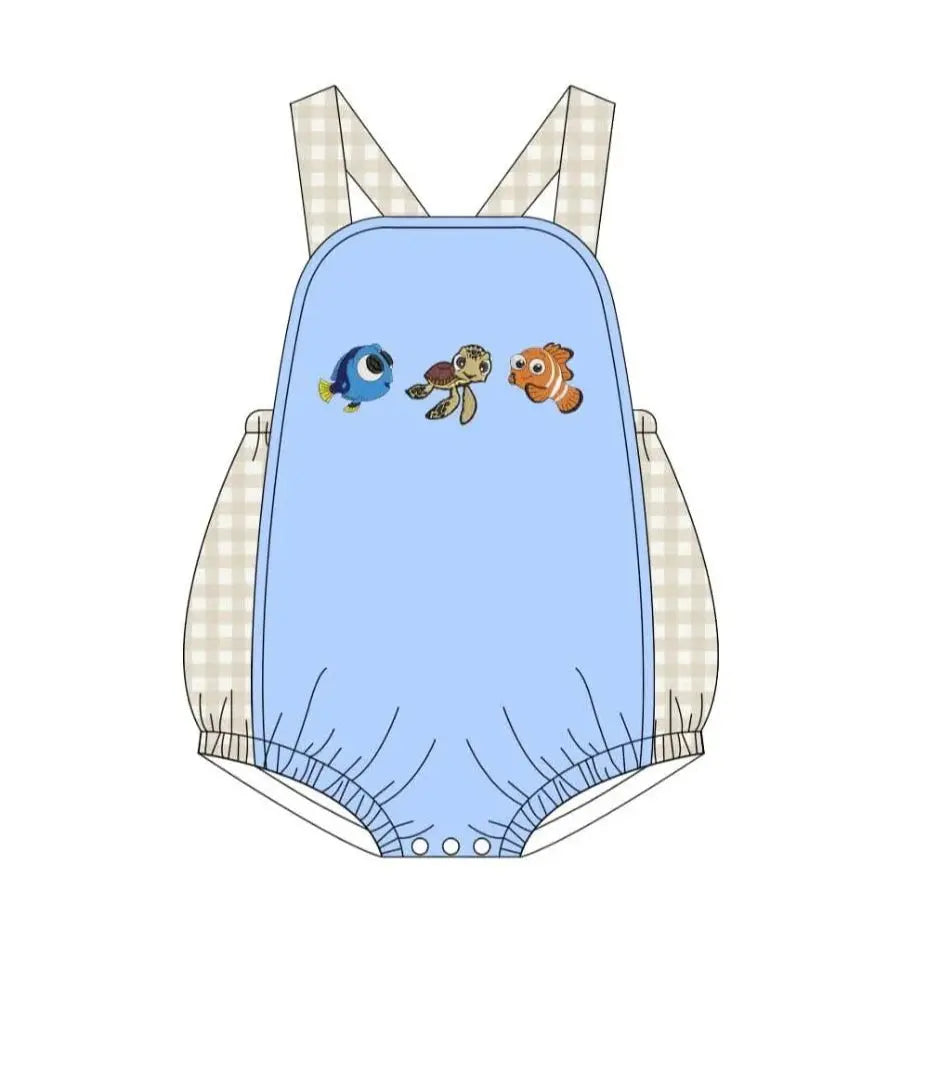 Conjunto de Roupas para Bebê em Estilo Boutique com Estampa de Peixes em Xadrez Verde para Meninos e Meninas