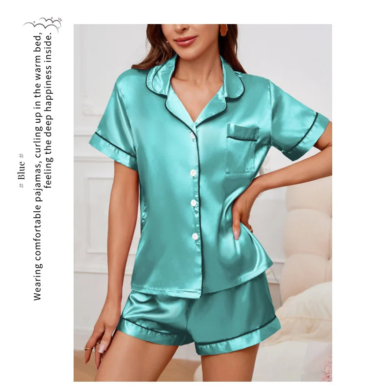 Conjunto pijama cetim feminino, pijama de manga curta, blusa e shorts de lapela, pijama de botão, roupas domésticas