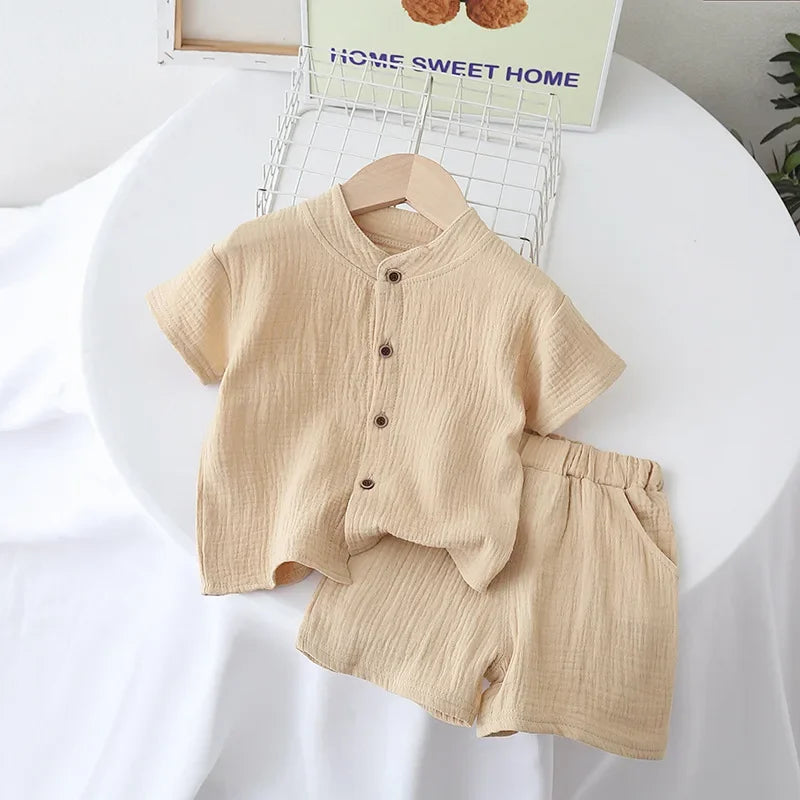 Conjunto de pijamas de gaze de algodão para bebês, 2 peças, manga curta, gola redonda, roupa de dormir macia e respirável, meninos, meninas, 0-5 anos, roupas de praia