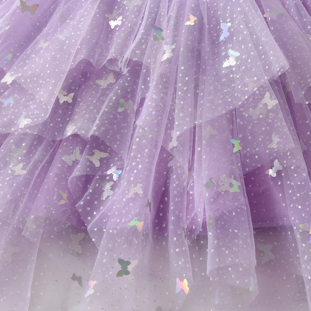 Vikita meninas borboleta lantejoulas tutu vestido crianças malha tule irregular roxo casual princesa festa de formatura vestido crianças roupas