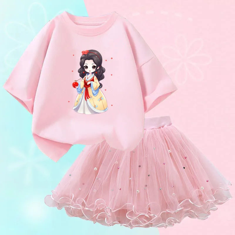Roupas de verão para meninas, camiseta fofa de gato e saia tutu de malha, conjunto de duas peças, roupas coreanas para crianças de 3 a 14 anos