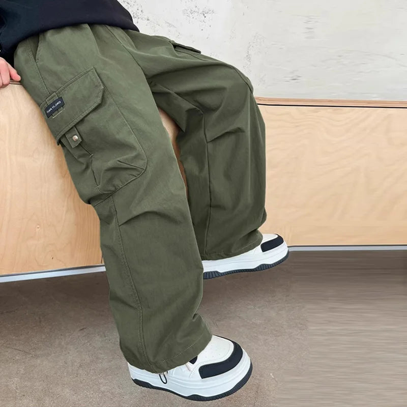 Meninos calças de carga crianças primavera calças casuais crianças outono em linha reta calças soltas adolescente cor sólida roupas de perna larga