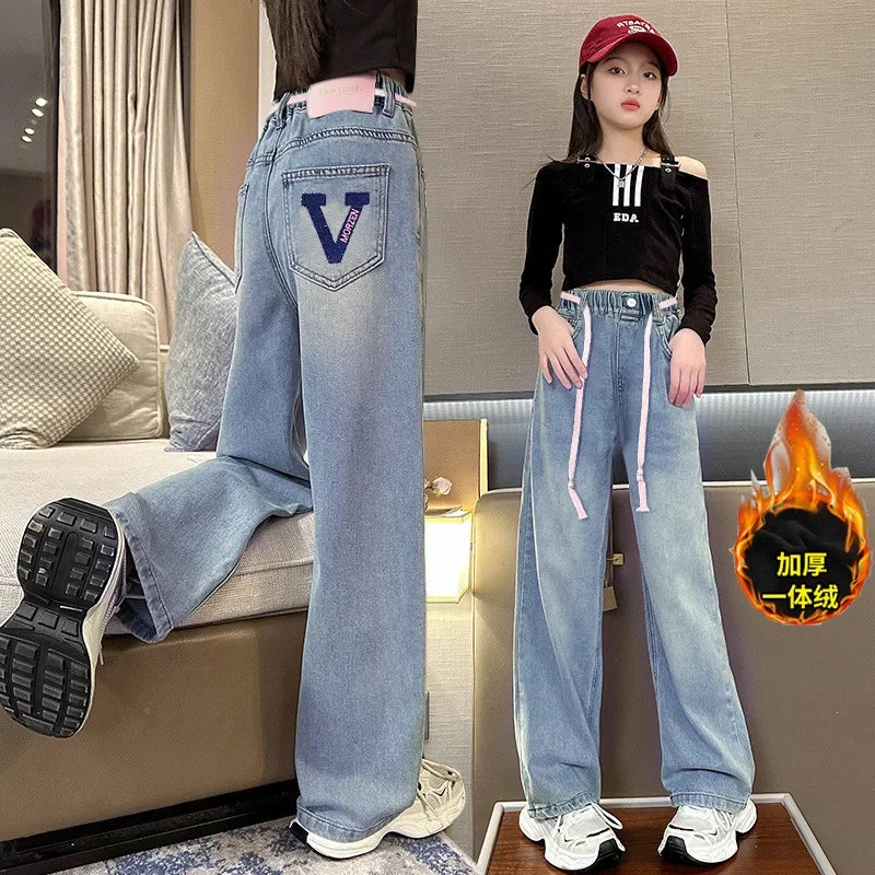 Meninas adolescentes jeans com lã outono inverno moda casual crianças perna larga calças jeans isoladas escola crianças denim