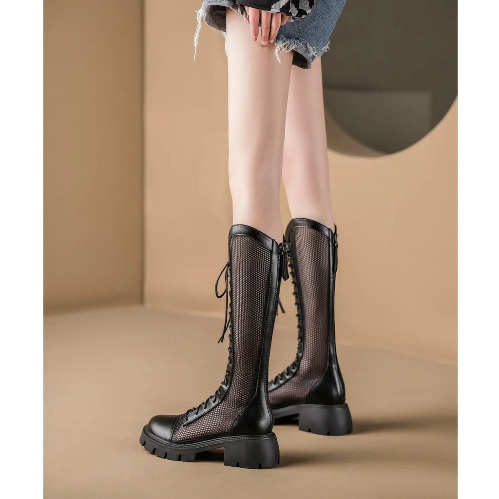 Mulheres verão joelho-alta malha botas altas femininas plataforma respirável malha rendas botas de cavaleiro salto grosso oco longo cavaleiro botas