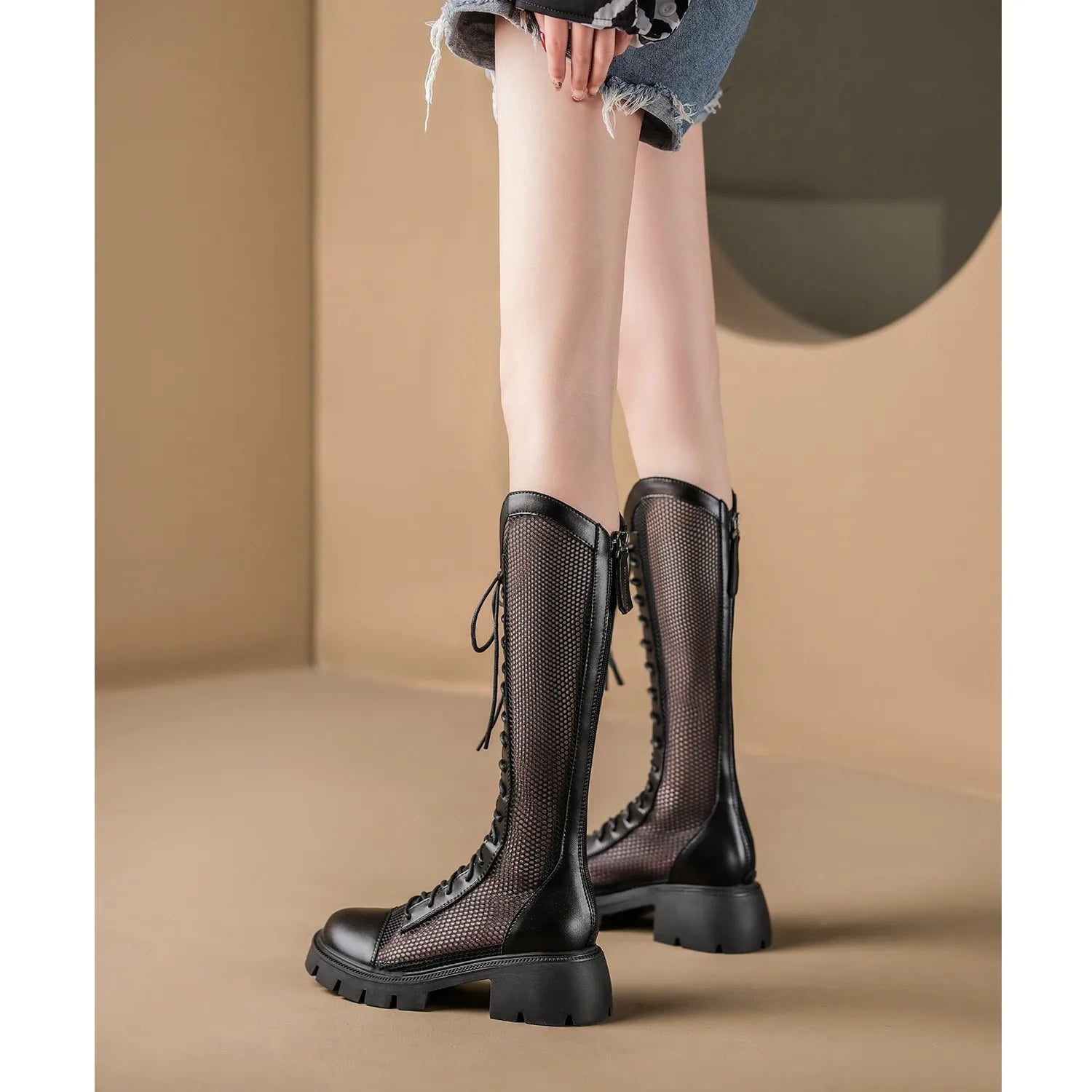Mulheres verão joelho-alta malha botas altas femininas plataforma respirável malha rendas botas de cavaleiro salto grosso oco longo cavaleiro botas
