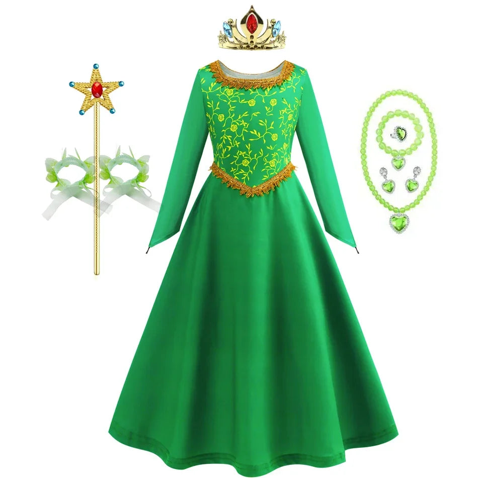 Fantasia fiona cosplay meninas vestido verde roupas dos desenhos animados monstro traje disfarce crianças role play roupas de halloween crianças