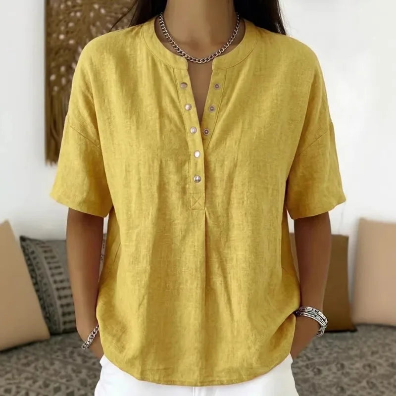 Blusa Feminina de Linho com Gola Henley, Manga Curta, Casual, Solta, Cor Sólida, Top de Verão