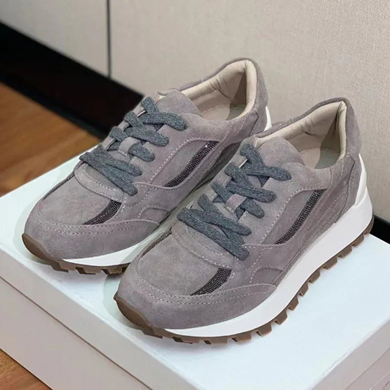 Sapatos casuais mulher dedo do pé redondo corrente corda grânulo conforto tênis de corrida senhoras camurça vaca retalhos rendas até tênis planos
