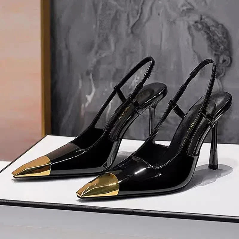 Novo verão sandálias femininas de salto alto ouro cabeça de ferro couro patente preto stiletto cabeça quadrada dedo do pé fechado estilingue volta sapatos