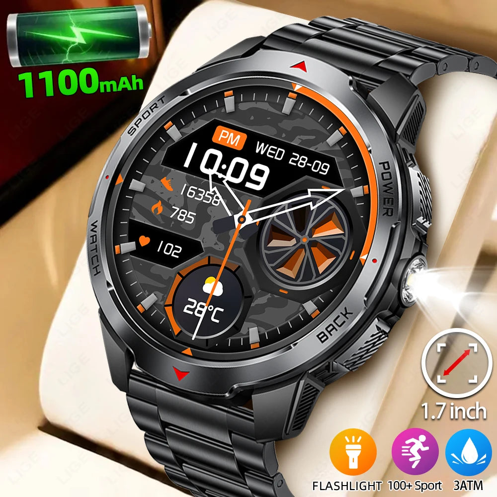 Relógios Inteligentes LIGE Novos com Bateria de 1100mAh para Homens, Esportes ao Ar Livre, Lanterna LED, Bússola, Relógio Inteligente Masculino com Chamada Bluetooth