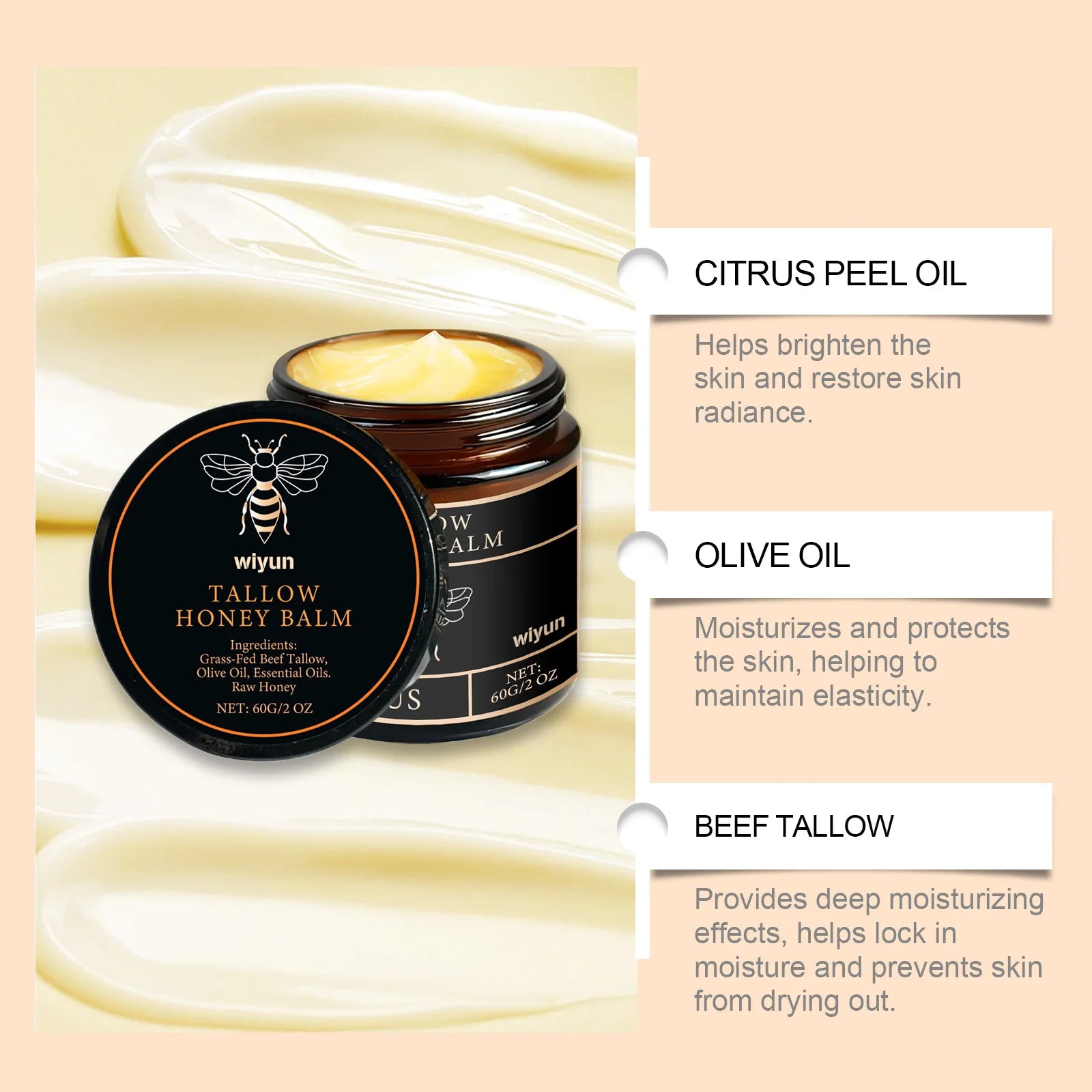 Tallow mel bálsamo brilhante hidratante pele enhacne elasticidade melhorar a embotamento desbotar linhas finas endurecimento rosto corpo hidratar creme