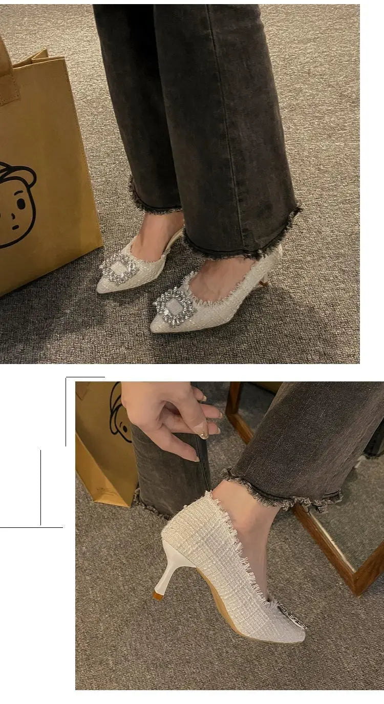 Salto estilete para mulheres, sandálias de strass, botão quadrado, sapatos de casamento, moda feminina, branco, 2024