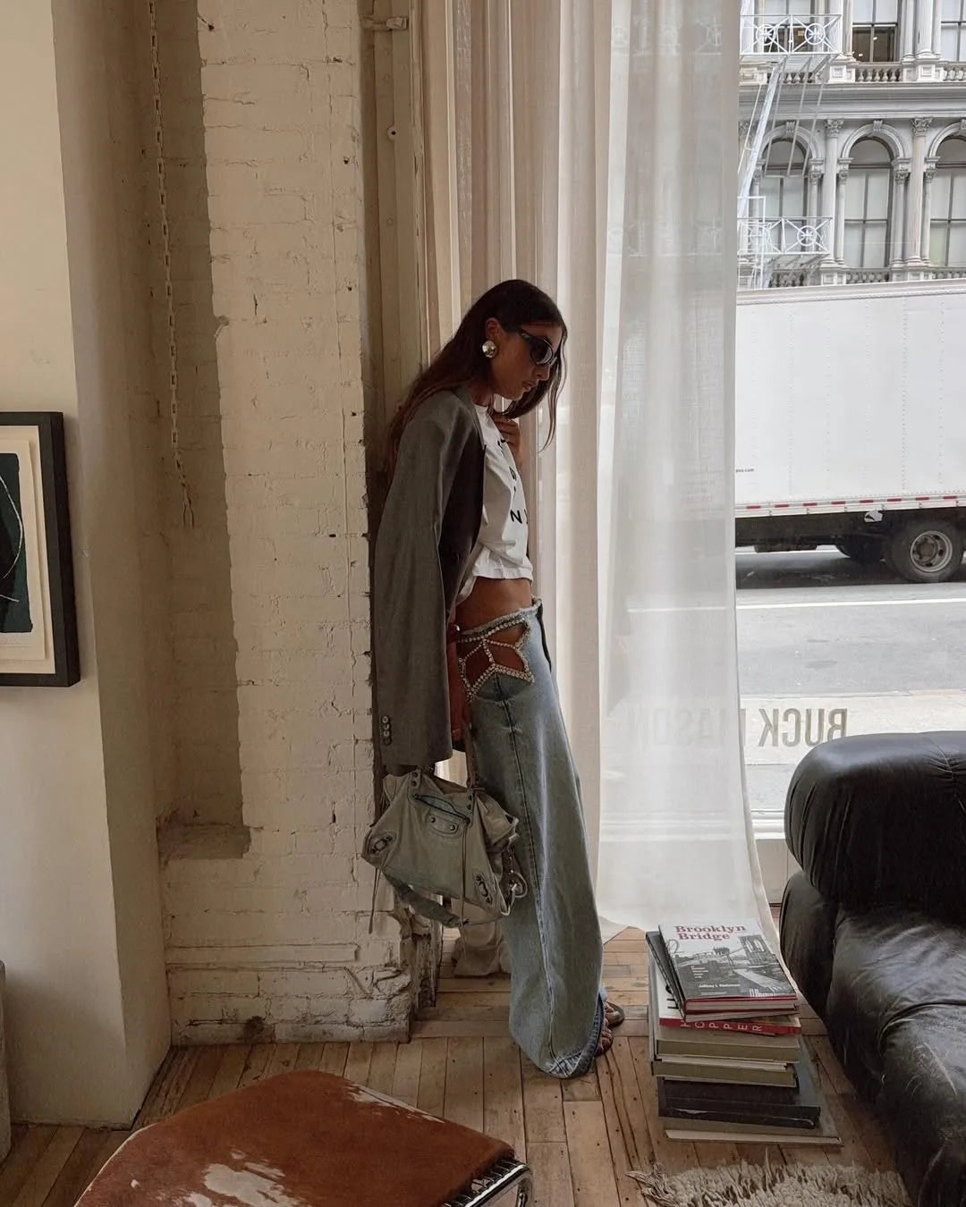 Calça Jeans Feminina Y2K Chic com Estrelas e Diamantes, Cintura Baixa, Recortes Laterais, Perna Larga Solta, Estilo Hip-Hop Streetwear Retrô Elegante