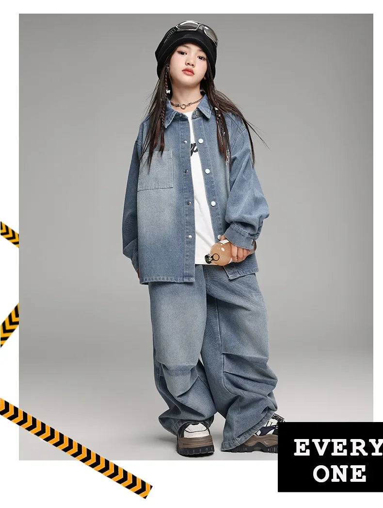 Crianças menino menina solta casual streetwear moda hip hop crianças denim camisa calça jeans define ternos agasalho roupas de palco traje