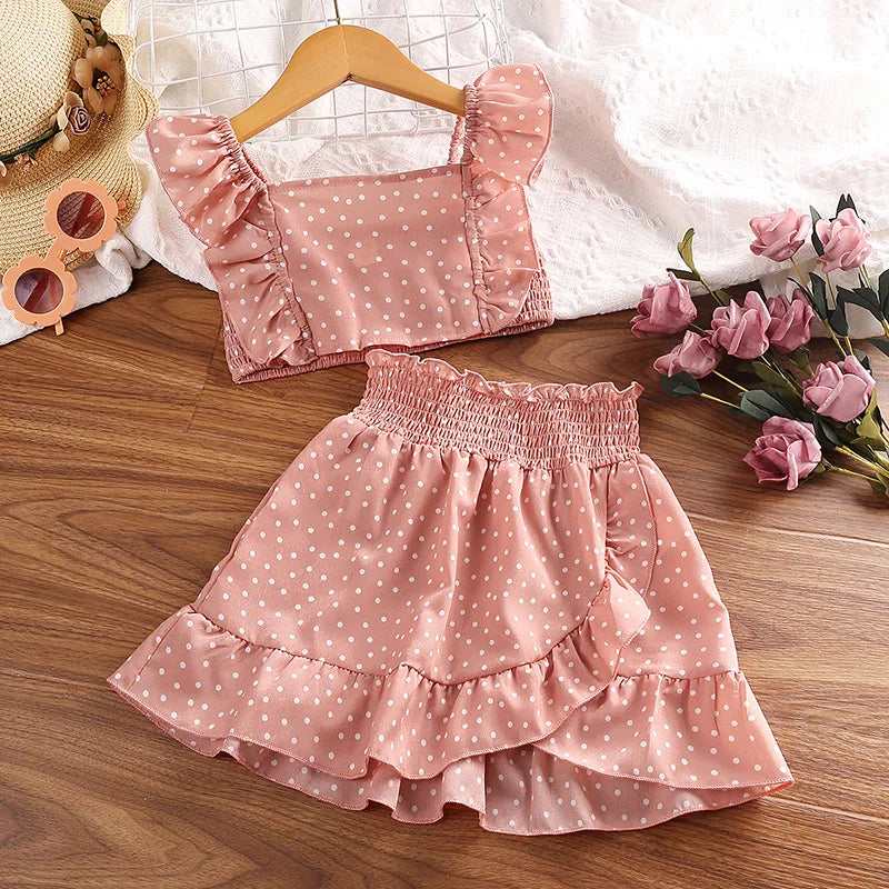 Conjunto de roupas para meninas 5-12t tricolor opcional manga voadora gola quadrada colete top + saias de renda crianças meninas conjunto de roupas de bebê