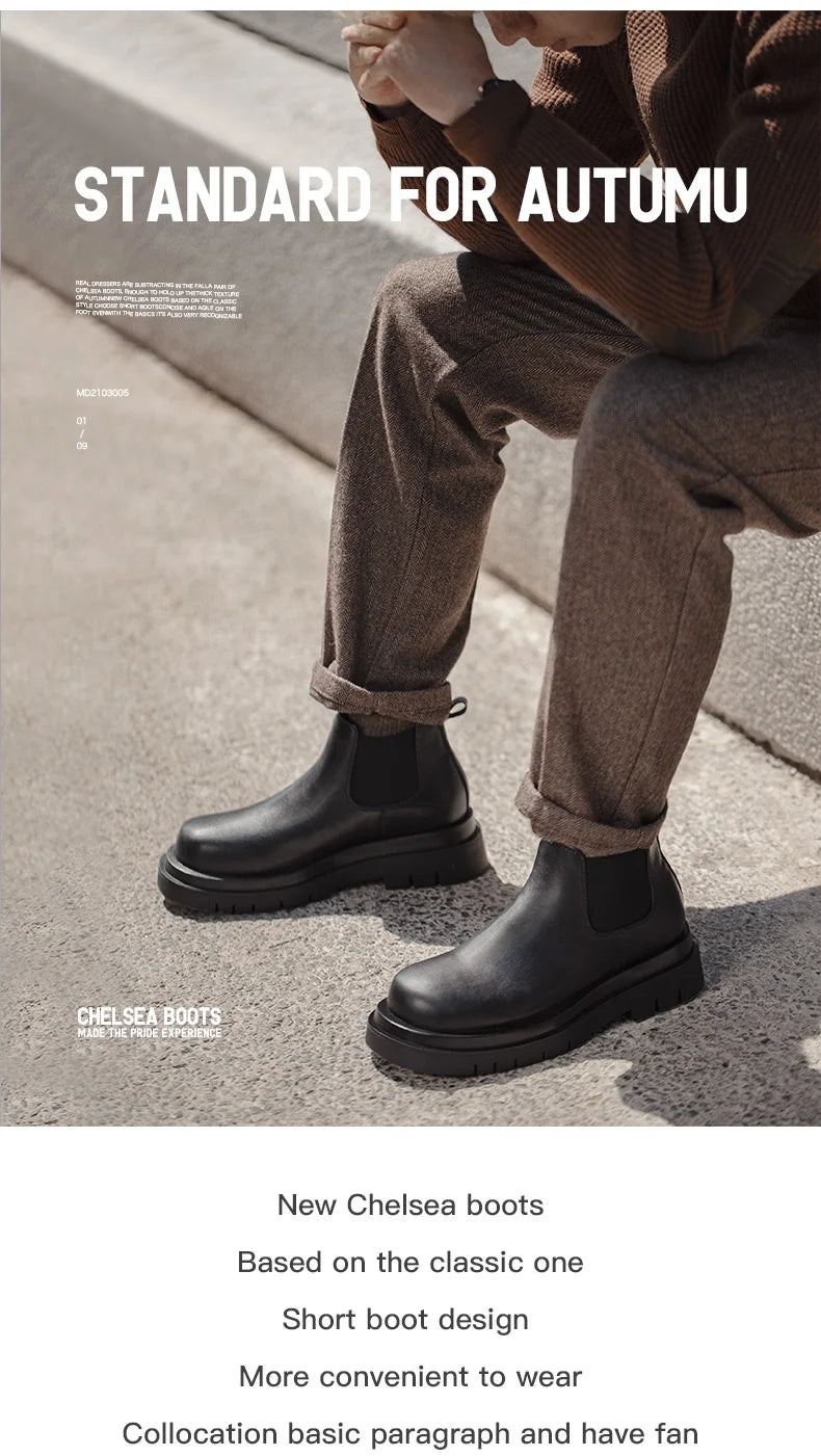 Botas Chelsea Vintage Masculinas Maden, Estilo Britânico, Botas Altas Pretas com Bico Redondo, Calçados Clássicos para Outono e Inverno