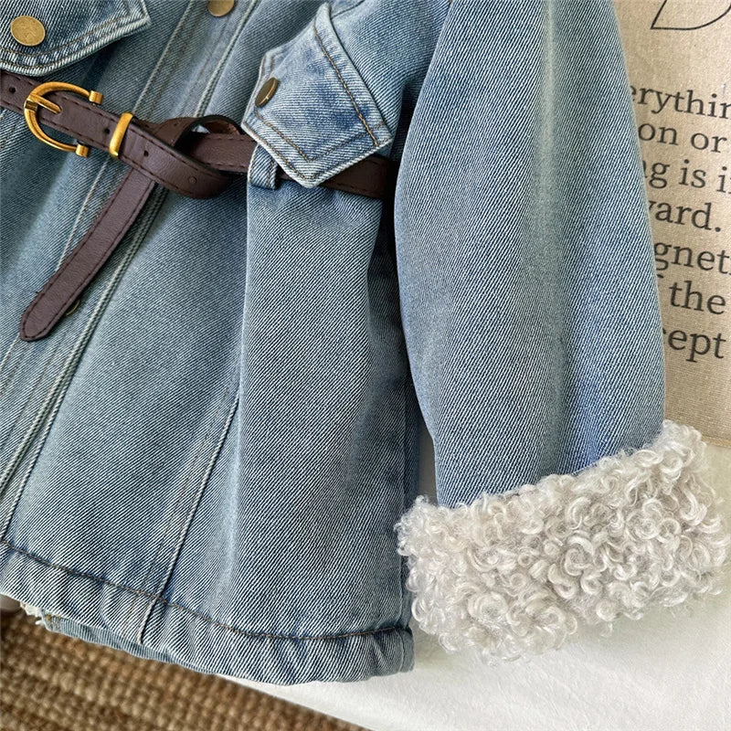 Inverno meninas grosso demin casacos bebê mais veludo quente outerwear com cinto crianças princesa projetado jaquetas longas crianças roupas