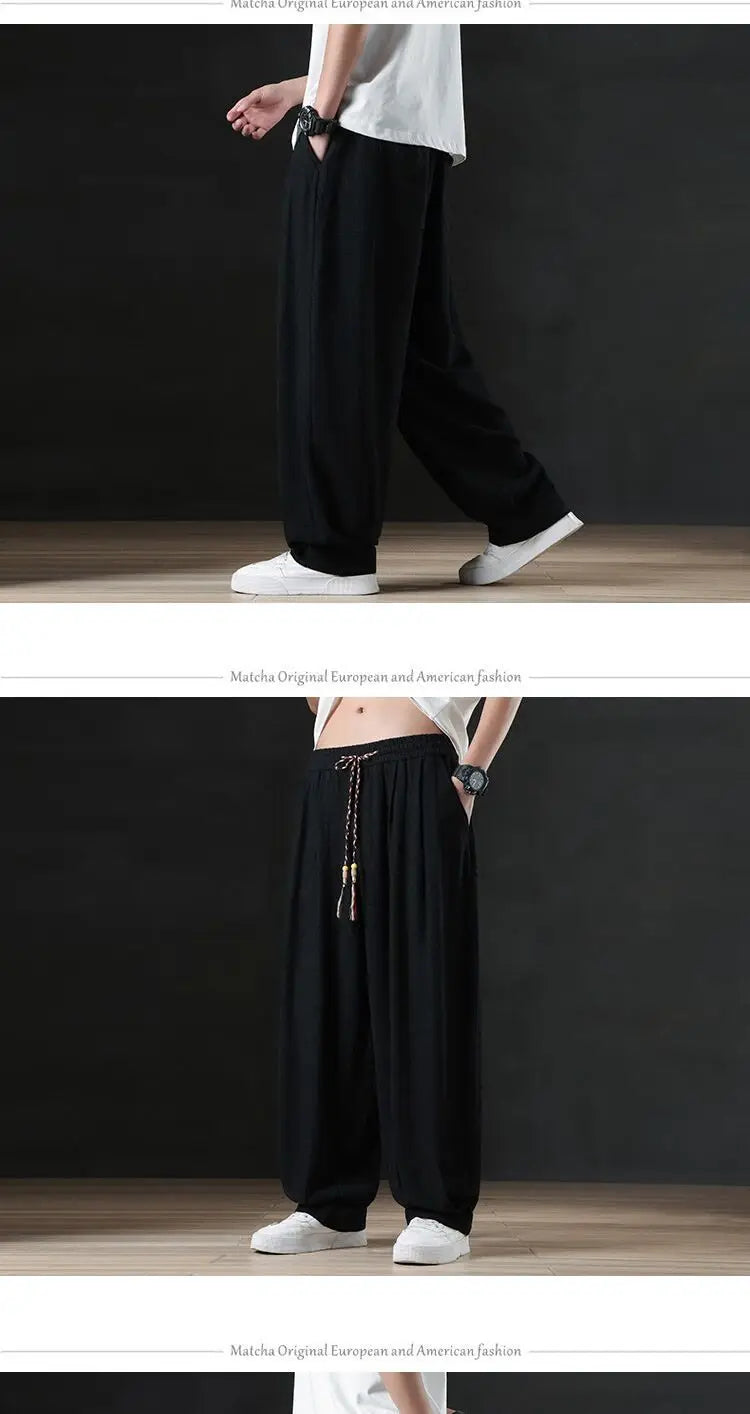 Calça masculina casual de linho verão leve solta de perna reta