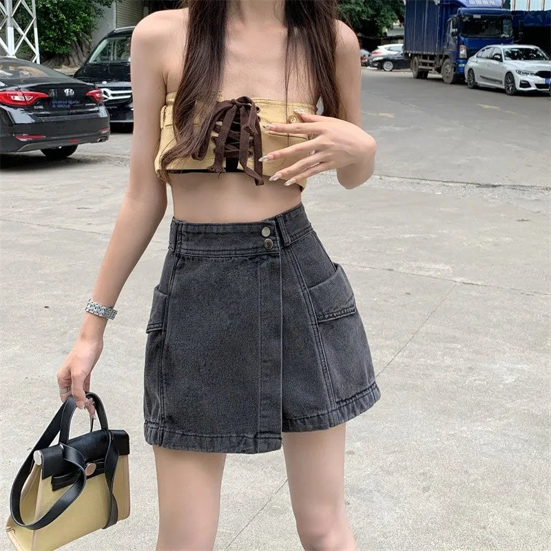 Saia Jeans  Assimétrica de Cintura Alta com Efeito Modelador, Tamanhos andes Fs, Moda Verão 2023