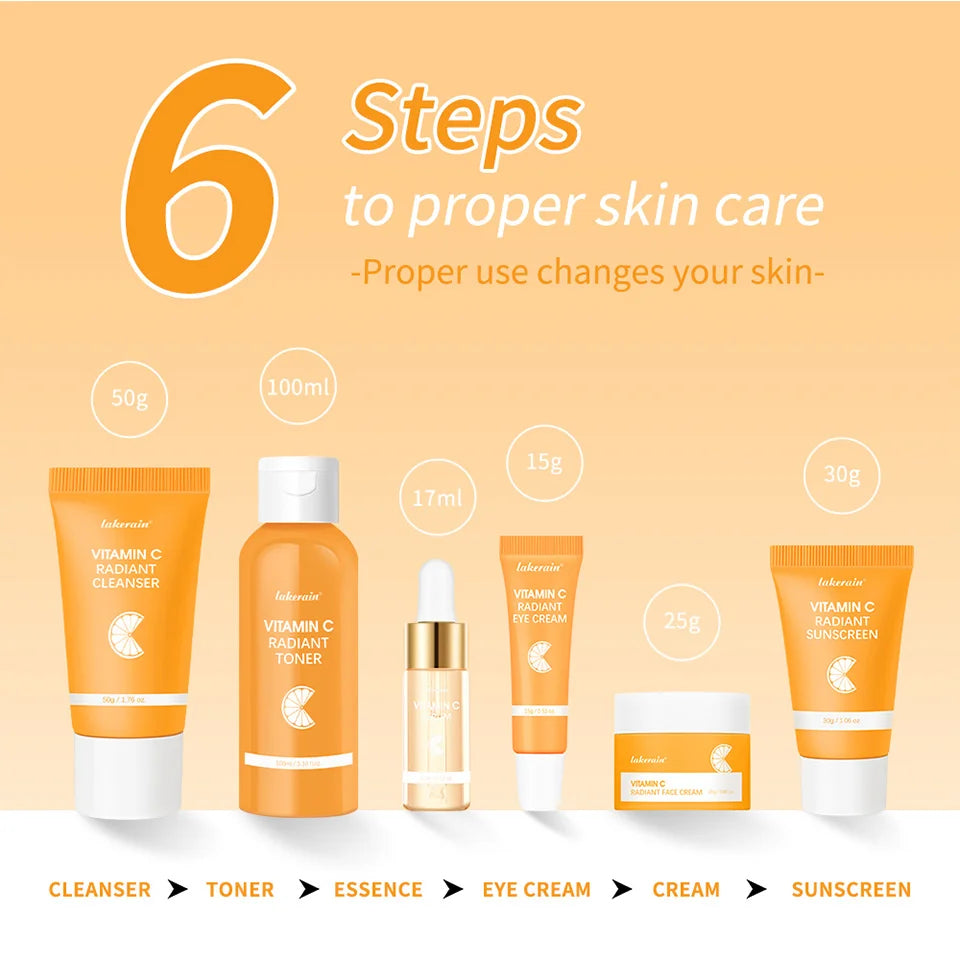 Lakerain vitamina c conjunto de cuidados com a pele 6 pçs kit creme de clareamento manchas escuras soro círculo escuro olho hidratante facial kits de clareamento