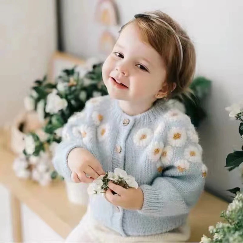 Little maven bebê meninas camisola linda luz azul roupas casuais outono crianças cardigan casaco bonito para crianças 2-7 anos