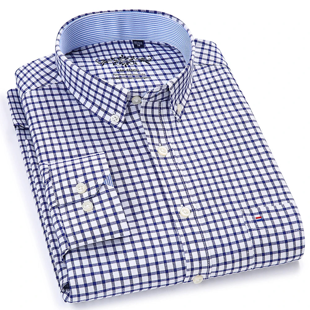 Camisa casual de trabalho listrada xadrez oxford de manga comprida masculina com bolso, camisas de botão de ajuste regular de mistura de algodão primavera outono