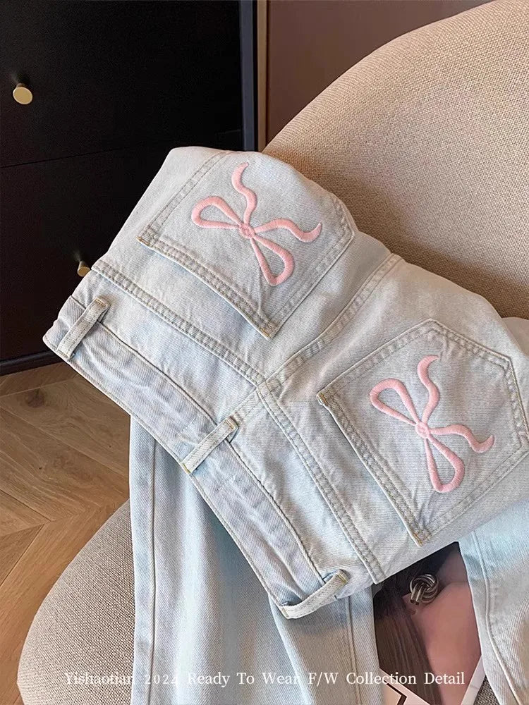 Mulheres casual solto ajuste jeans calças relaxadas cintura alta perna larga lavagem leve bordado plus size conforto jeans feminino