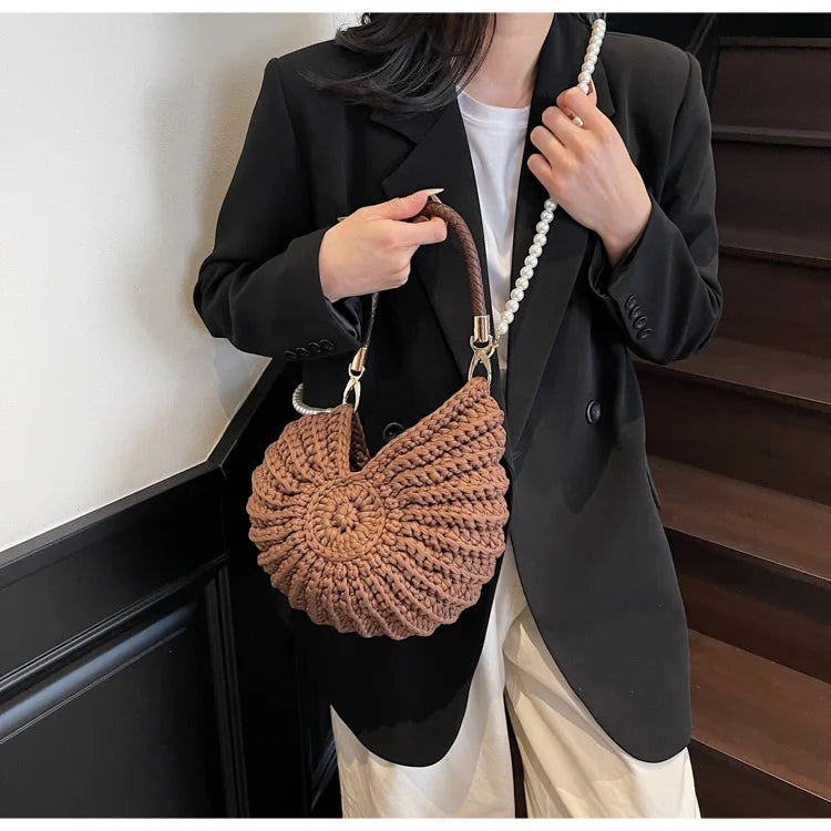 Criativo concha em forma de crochê feminino ombro sacos engraçado bonito pérolas correntes artesanal tecer crossbody saco novidade pequenas bolsas