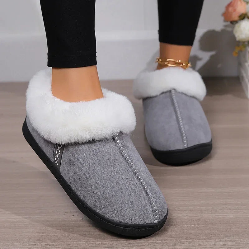 Inverno quente interior flurry chinelos feminino camurça do falso dedo do pé fechado casal chinelos mulher conforto sola macia casa slides mujer