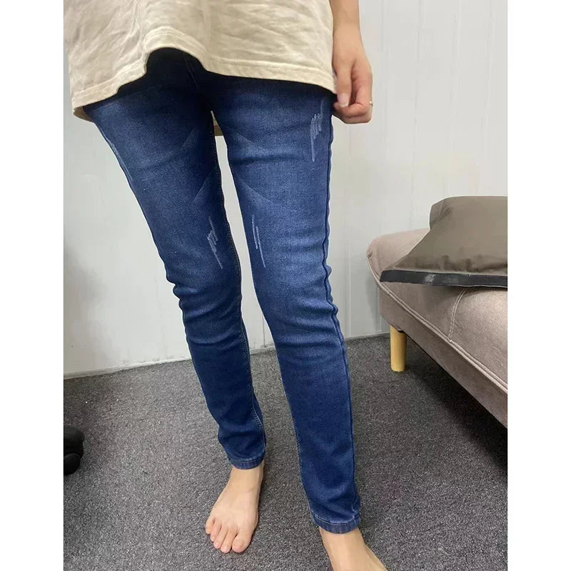 Inverno senhora térmica quente jeans de pelúcia magro estiramento jeans senhora fino ajuste lápis calças meninas perna reta denim