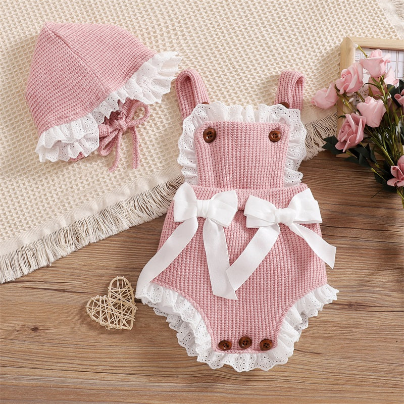 Criança bebê meninas 2 pçs macacão roupas terno verão contraste cor bowknot sem mangas plissado malha macacão chapéu crianças outfit