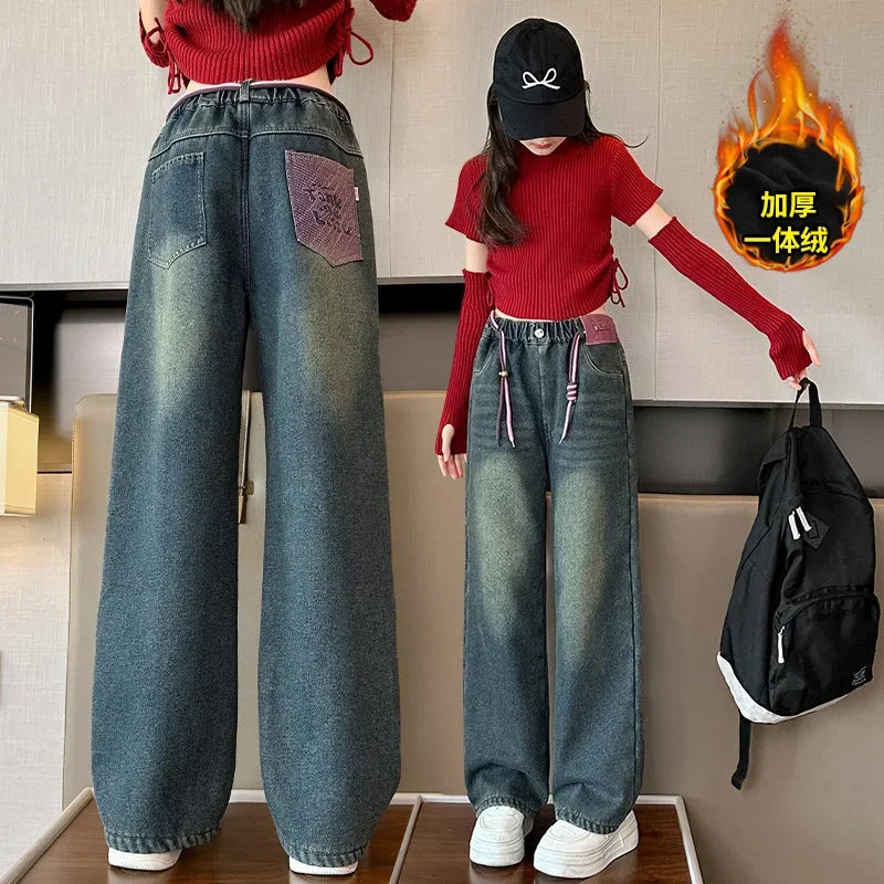 Meninas adolescentes jeans com lã outono inverno moda casual crianças perna larga calças jeans isoladas escola crianças denim