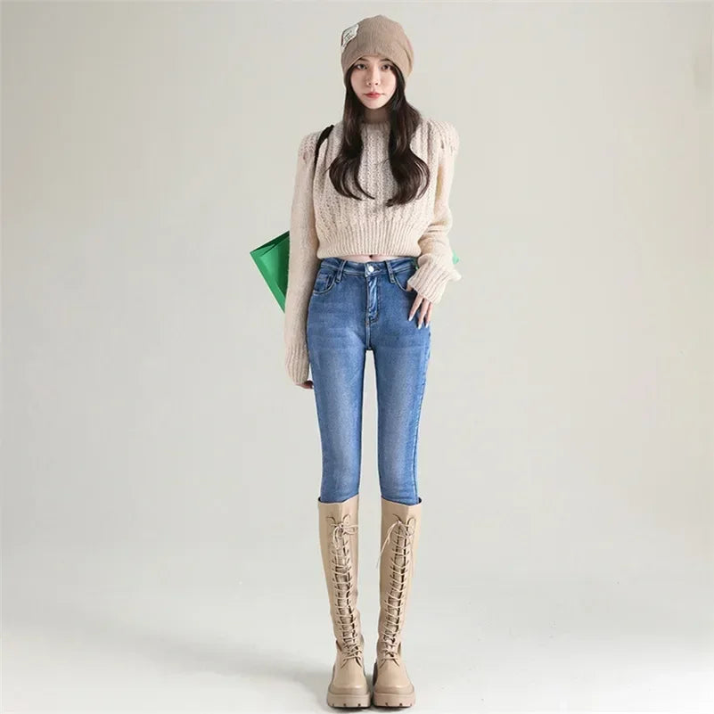 Inverno senhora térmica quente jeans de pelúcia magro estiramento jeans senhora fino ajuste lápis calças meninas perna reta denim