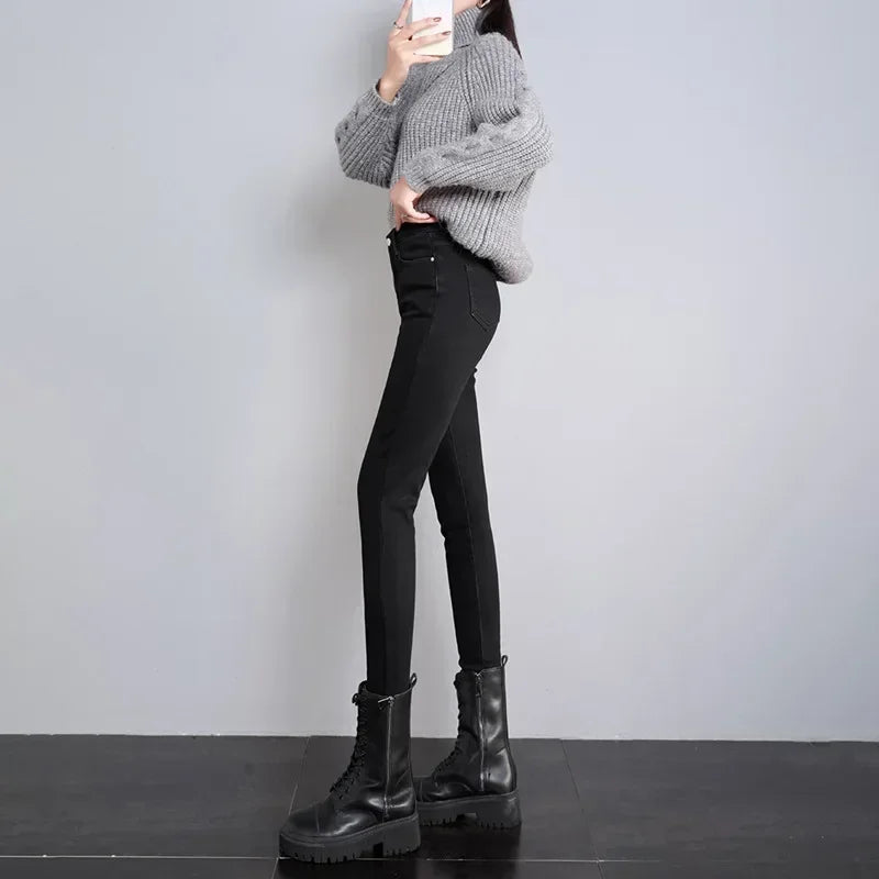 Inverno senhora térmica quente jeans de pelúcia magro estiramento jeans senhora fino ajuste lápis calças meninas perna reta denim