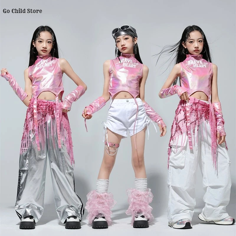 Meninas k-pop brilhante colheita superior calças de carga shorts de dança de rua crianças hip hop jazz conjuntos de roupas crianças streetwear menina grupo traje