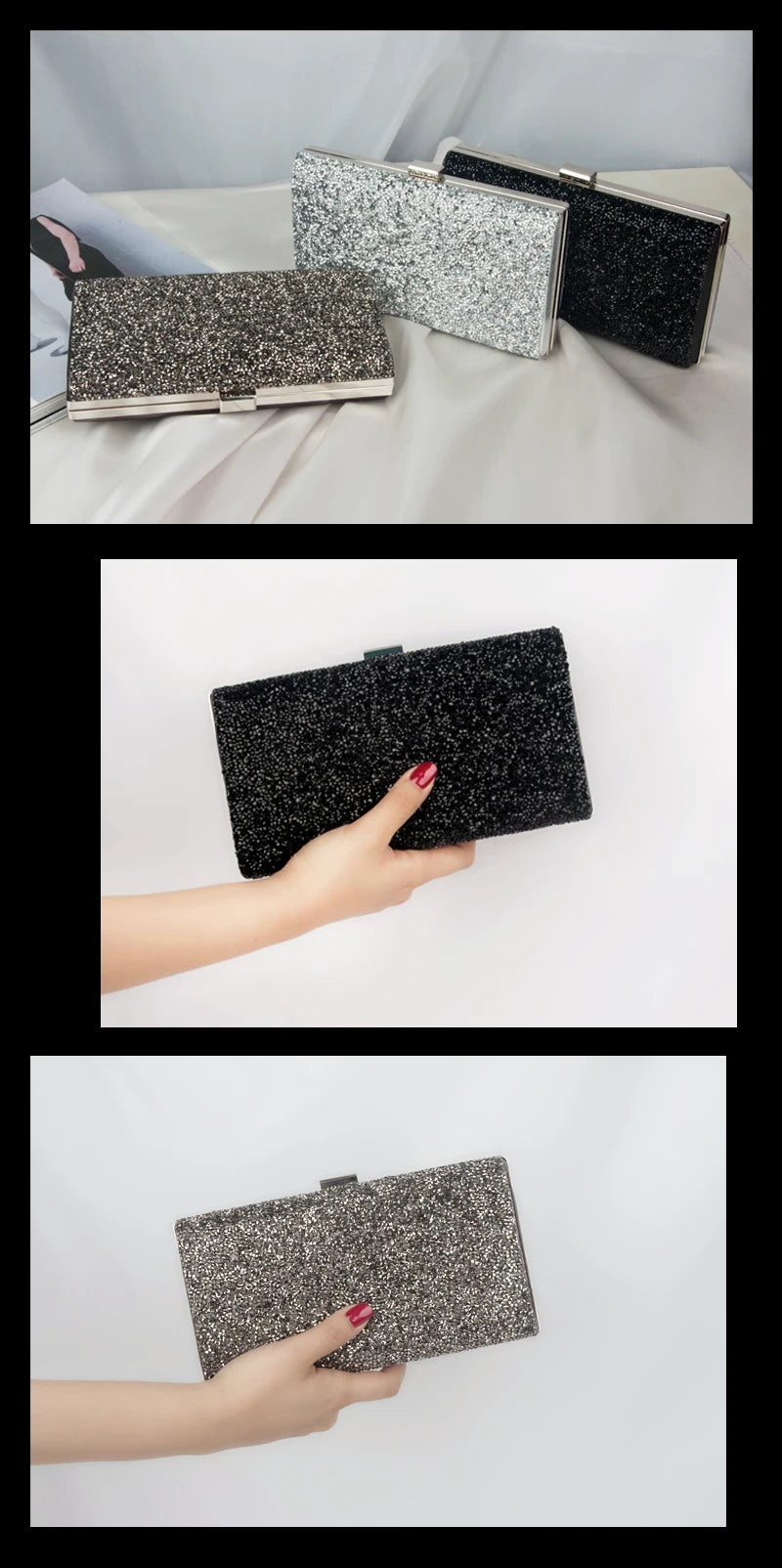 Lantejoula cristal dia embreagem para senhoras, bolsa de noite feminina, bolsa de casamento, banquete de festa, preto ouro prata, novo