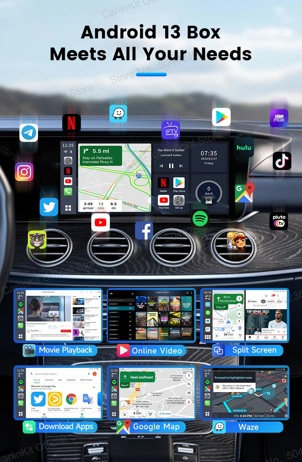 CarlinKit Android 13 LED AI Box Wireless CarPlay Wireless Android Auto Smart Car Multimedia Box Qualcomm 8-Core Chip Cartão SD Expandir para 512 GB Suporte Vídeo Online