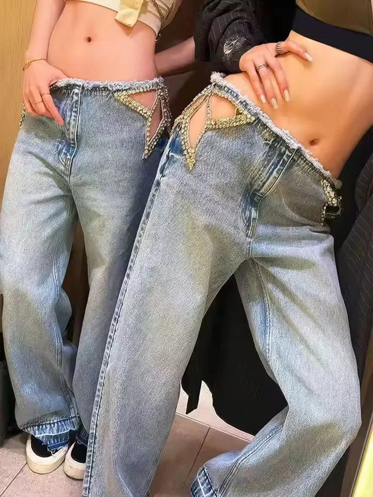 Calça Jeans Feminina Y2K Chic com Estrelas e Diamantes, Cintura Baixa, Recortes Laterais, Perna Larga Solta, Estilo Hip-Hop Streetwear Retrô Elegante