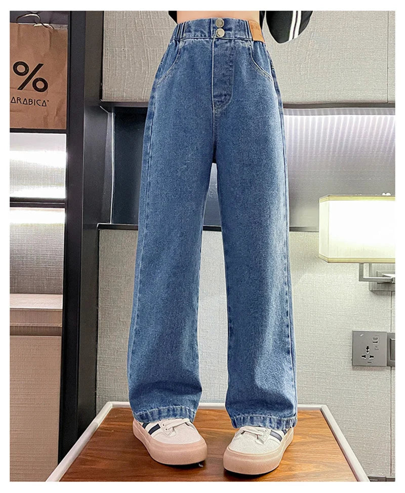Jeans casuais soltos para meninas, calças longas retas para a escola, perna larga, para crianças de 5 a 14 anos, outono