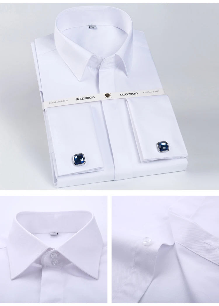 Camisa masculina clássica com punho francês, botão oculto, manga comprida, formal, ajuste padrão, camisas brancas (abotoaduras incluídas)
