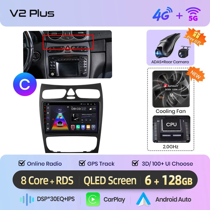 Junsun carplay android auto rádio do carro para mercedes benz classe c w203 c200 c320 c350 clk w209 2000-2005 multimídia inteligente 4g