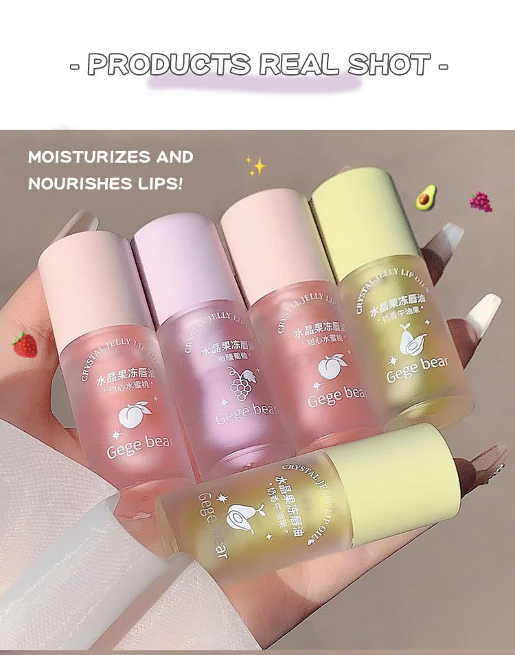 Óleo Labial Gege Bear Crystal Jelly Fruit com Pêssego, Uva e Abacate, Hidratante, Nutritivo e Clareador de Linhas Labiais
