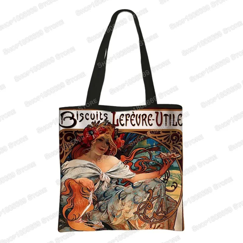 Alphonse Beauty Print Bolsa para Mulheres, Sacos De Compras De Armazenamento Reutilizável, Totes Casuais, Pintura A Óleo, Elegante Senhoras Tote