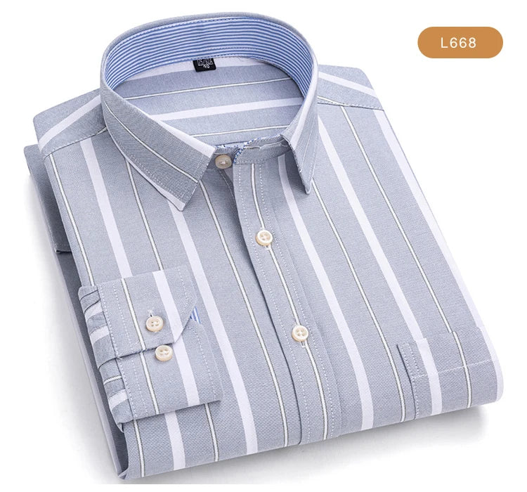 Camisas de vestido de algodão com design de gola de lapela listrada xadrez na moda masculina, camisa casual de manga comprida com botões para primavera/outono