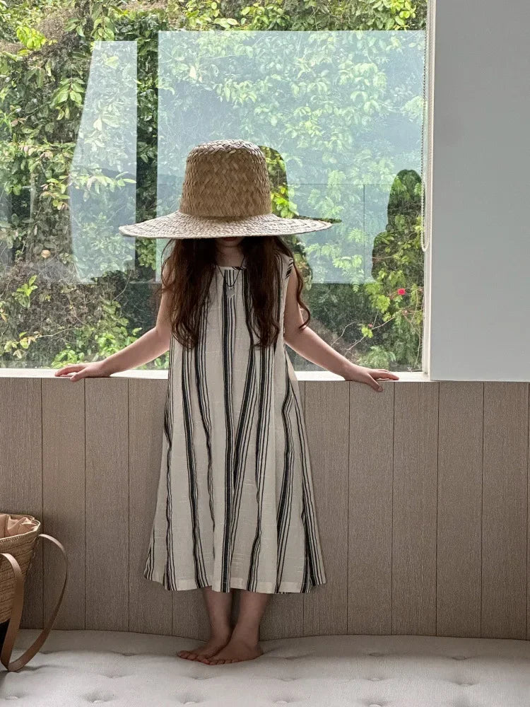 Crianças roupas meninas vestido sem mangas nova moda verão 2025 estilo coreano listra vertical francês retro vestido de férias