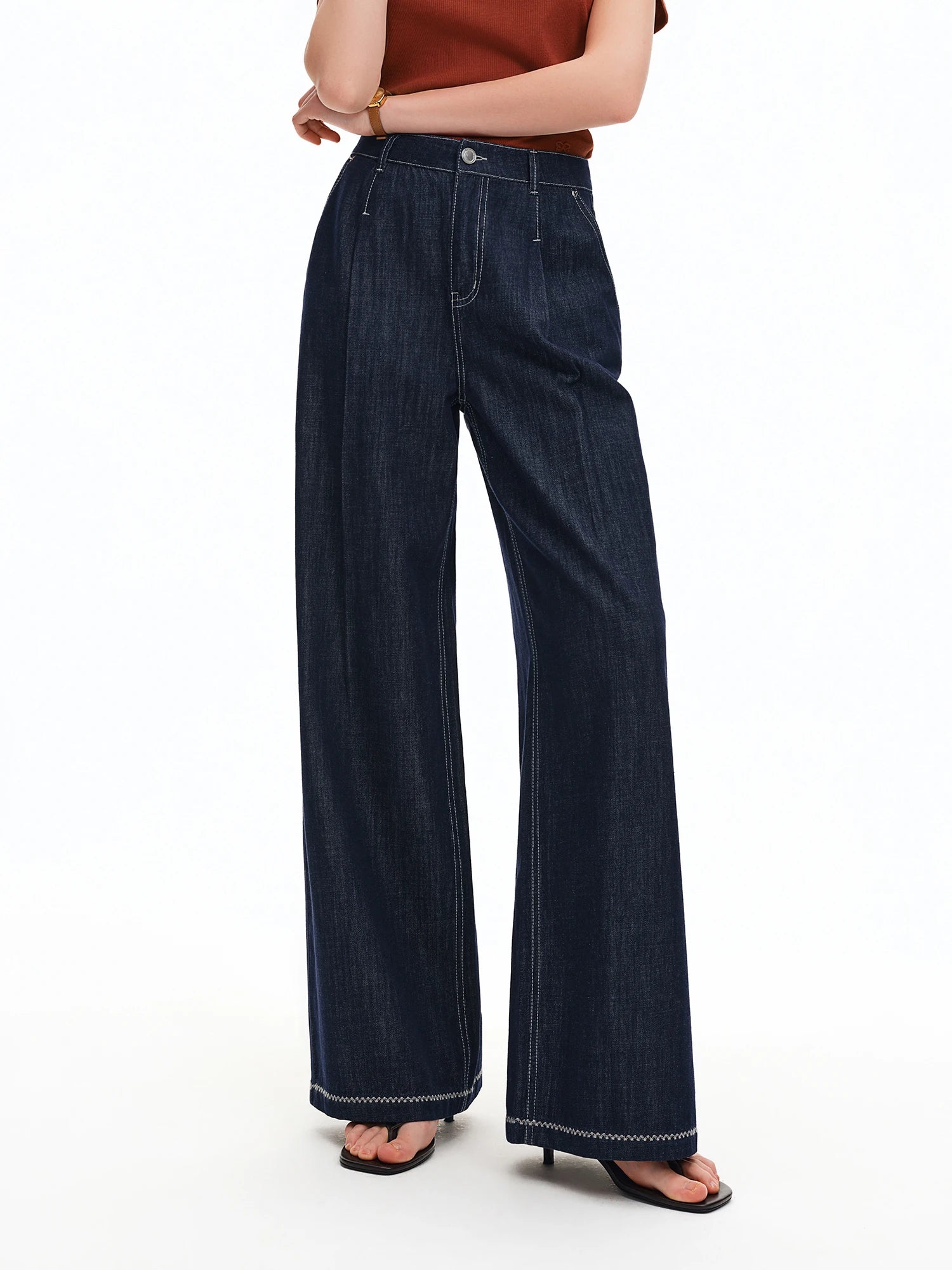 DUSHU 2026 Calça Jeans Feminina de Cintura Alta com Costura Contrastante e Perna Reta - Calça Casual para Uso Diário e Deslocamento