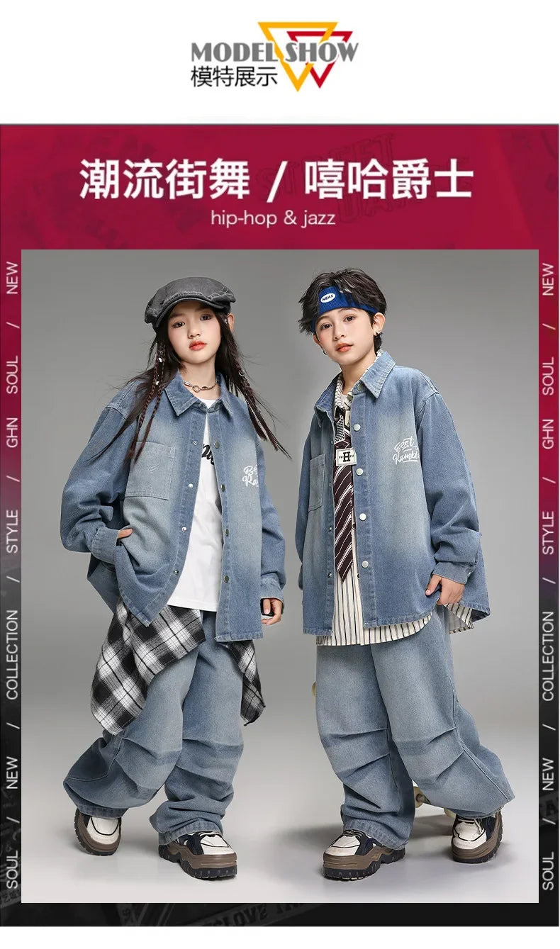 Crianças menino menina solta casual streetwear moda hip hop crianças denim camisa calça jeans define ternos agasalho roupas de palco traje